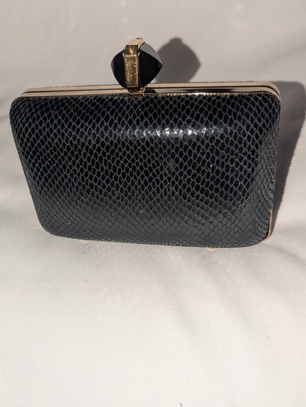 henri bendel Black Snakeskin-Texture Minaudiere Box Clutch with Gold Hardware